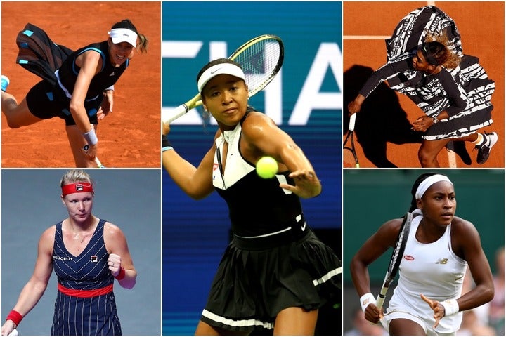 大坂（中央）、セレナ（右上）、ガウフ（右下）、ムグルサ（左上）、バーテンス（左下）と、今年のテニスファッションを盛り上げてくれた選手たち。(C)Getty Images