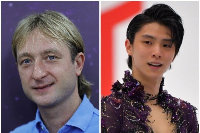 戦いを終えた羽生（右）へメッセージを送ったトリノ五輪の金メダリスト、プルシェンコ氏（左）。  (C) Getty Images