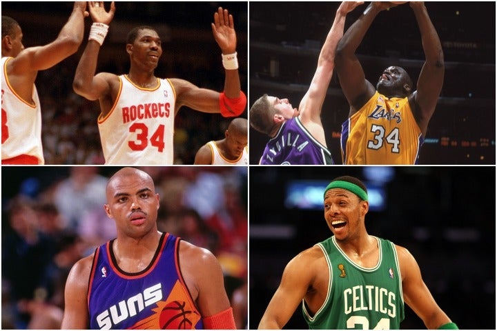 オラジュワン(上段左)やシャック(上段右)を筆頭に、1990～2000年代は多くの名選手が34番を着用した。(C)Getty Images