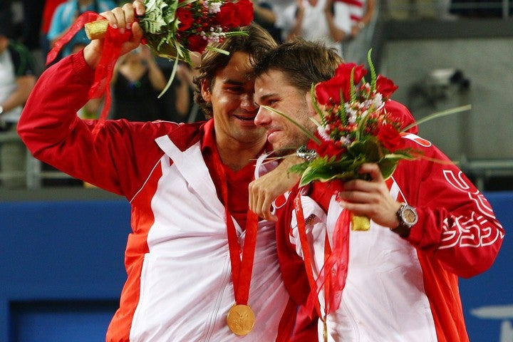 北京五輪の男子ダブルスで金メダルを獲得したフェデラー（左）とワウリンカ（右）。（C）GettyImages