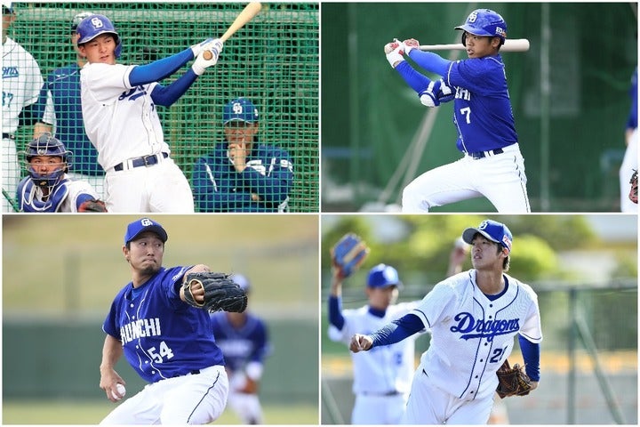 左上から時計回りに石川昂、根尾、梅津、藤嶋。４人ともまだ若く、今後の成長が楽しみだ。写真：朝日新聞社、THE DIGEST