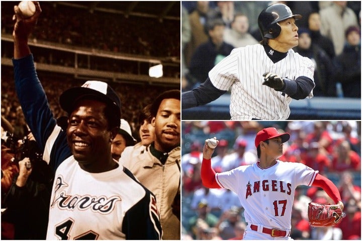 ４月８日はアーロン（左）がルースの本塁打記録を抜いた日であると同時に、松井（右上）、大谷（右下）の日本人選手にとっても思い出深い一日だ。(C)Getty Images