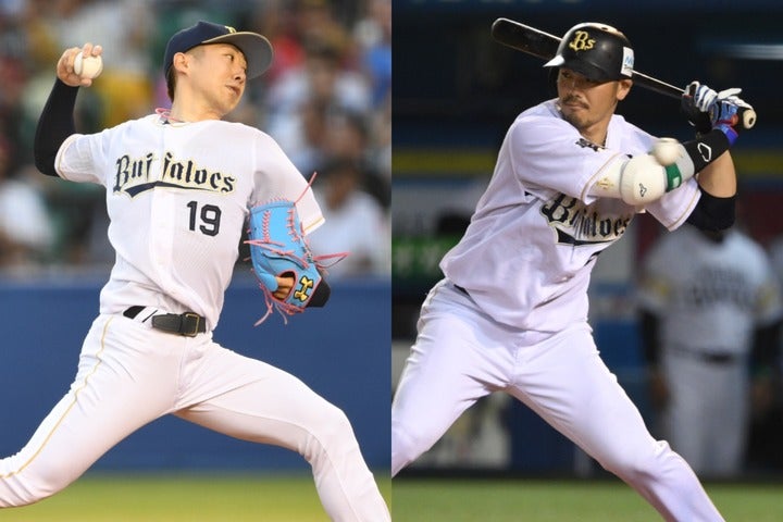 金子（左）は14年に沢村賞とMVPを受賞。10年の岡田（右）の本塁打王は、チームの日本人選手では37年ぶりだった。写真：徳原隆元