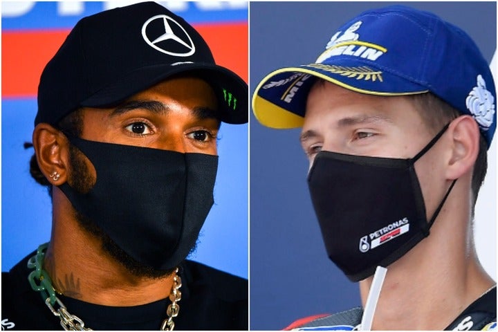 F１、MotoGPで優勝したハミルトン（左）とクアルタラロ（右）。レース会場ではマスクでコロナ対策も万全だ。（C)Getty Images