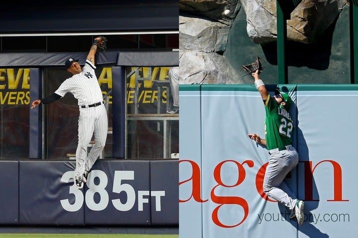 ローレアーノ(右)、ヒックス(左)をはじめ12日のメジャーではＨＲキャッチが４本も。そのスーパープレーに公式もファンも興奮しきりだ。(C)Getty Images