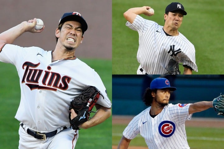 日本人投手３人は明暗が分かれ、田中（右上）は炎上、ダルビッシュ（右下）はＱＳ達成で４勝目、前田（左）は８回までノーヒッターだったのに勝ち負けつかずの不運…。(C)Getty Images