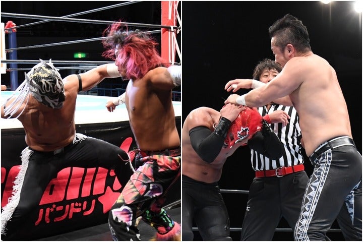 デスペラードは場外でヒロムを攻撃（左）金丸はBUSHIのマスクに手をかける（右）。(C)新日本プロレス