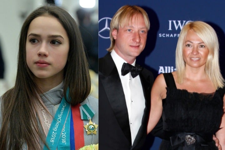 勧誘疑惑が浮上したプルシェンコ夫妻（右）と、渦中のザギトワ（左）。　(C)Getty Images