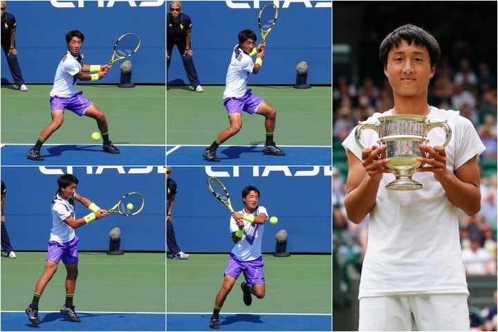 2019年のウインブルドンJr.で日本テニス史上初めて男子シングルスのタイトルを手にした望月慎太郎（当時16歳）。写真：THE DIGEST写真部