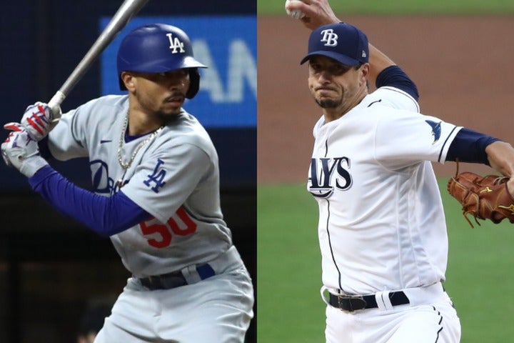ベッツ（左）をはじめビッグネーム揃いのドジャース打線に、モートン（右）を筆頭とするメジャー屈指の投手陣でレイズが挑む。(C)Getty Images