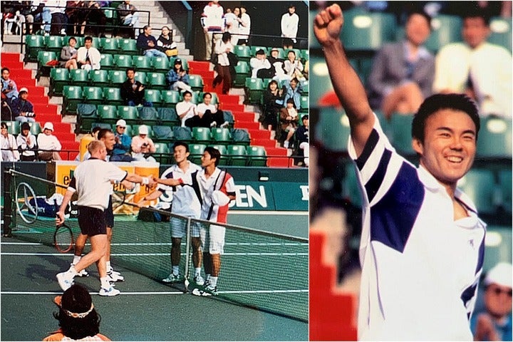 97年ジャパンオープンでベッカー／クーネンを破った石井／小野田ペア。「勝った瞬間は震えが止まらなかった」と石井。写真提供：石井弘樹