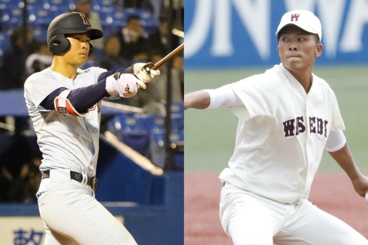 今ドラフトの目玉、佐藤（左）と早川（右）はそれぞれ４球団が競合した。写真：大友良行、山手琢也