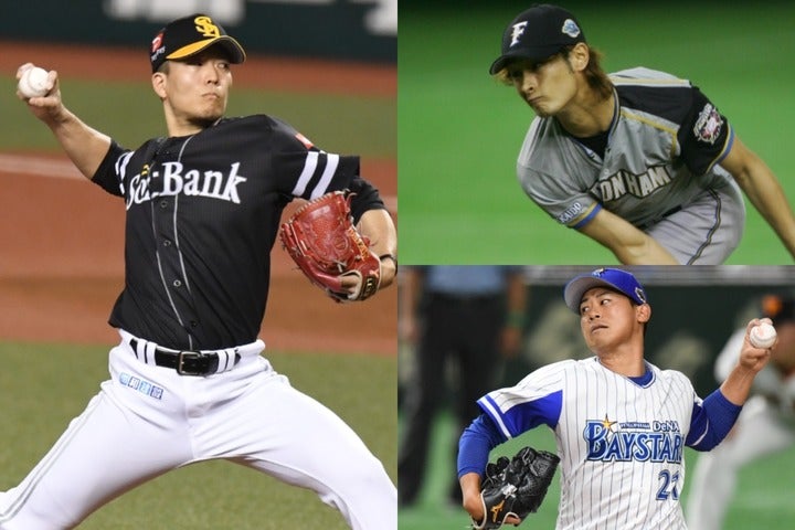 球界最高のドクターＫ・千賀(左)は日本シリーズでダルビッシュ(右上)、今永(右下)に続く３人目の大偉業を達成できるか期待したい。写真：徳原隆元(千賀、今永)、SLUGGER(ダルビッシュ)