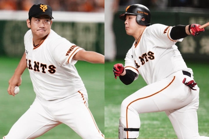 巨人の投打の軸、菅野（左）と岡本（右）の“リベンジ”がシリーズの行方を左右する。写真：山崎賢人