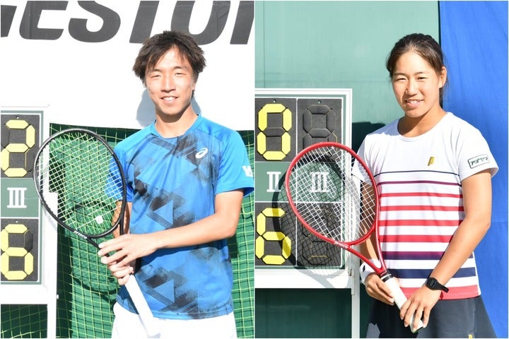 男子シングルス初優勝の白石光（左）と女子シングルス初優勝の阿部宏美（右）。写真提供：全日本学生テニス連盟