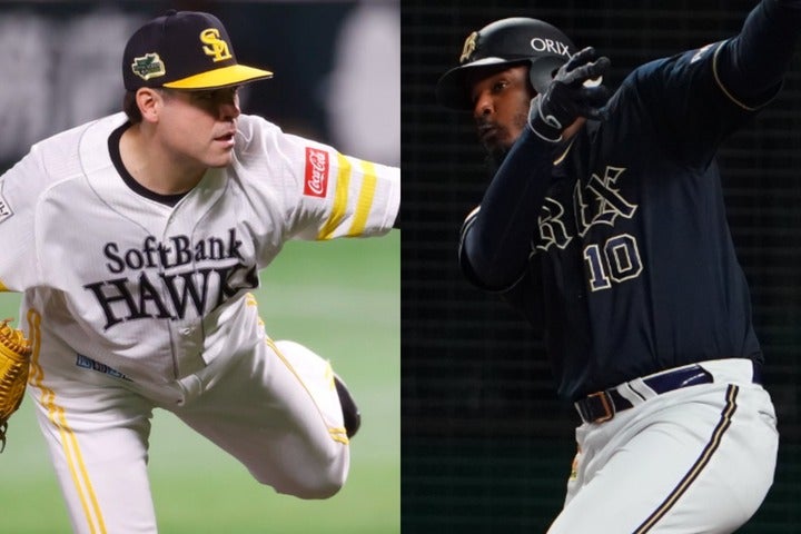 メジャー通算54勝のムーア（左）は日本シリーズで圧巻の投球。一方、通算282本塁打のジョーンズ（右）は４億以上の年俸にまったく見合わない働きだった。写真：田口有史（ソフトバンク）、田中研治（ジョーンズ）