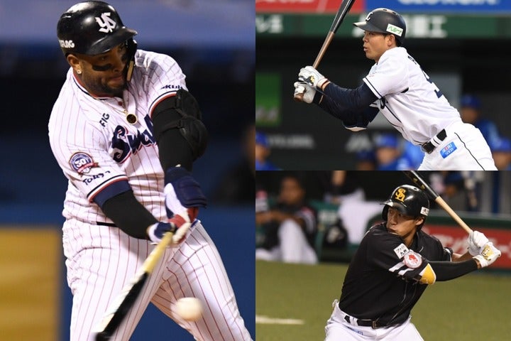 バレンティン(左)が本塁打、秋山(右上)は安打数で日本新記録を樹立。柳田(右下)は2000年１位の部門はないものの、総合力の高さが光った。写真：田中研治(バレンティン)、徳原隆元