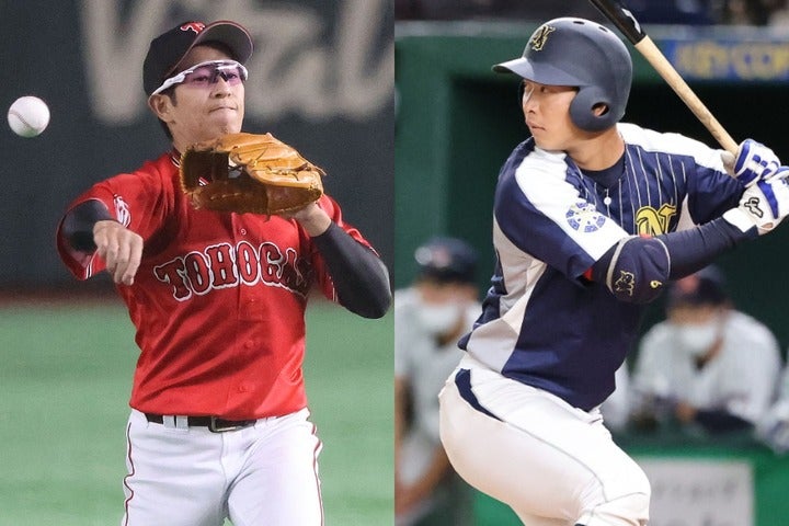 東大出身の飯田（左）と京大出身の鈴木（右）が都市対抗野球に出場して注目を集めた。写真：大友良行