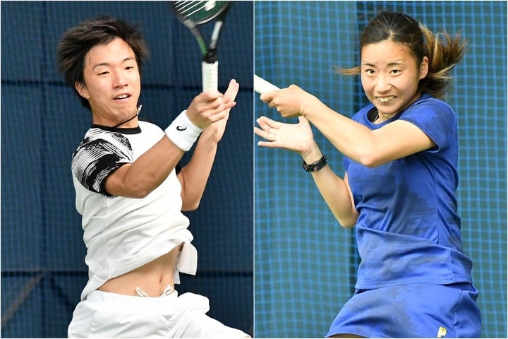インカレに続いて男子シングルスを制した白石光（左）と、女子シングルスで２連覇を飾った松田美咲（右）。写真提供：全日本学生テニス連盟