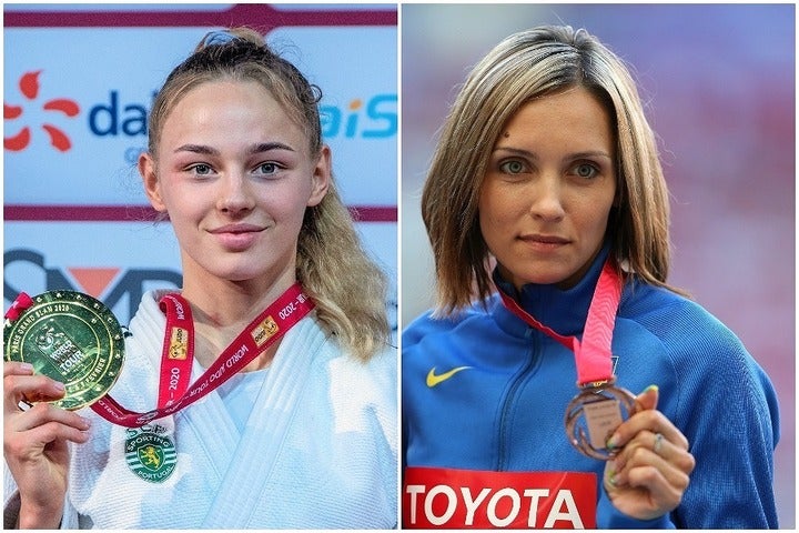ビロディド（左）と現役時代のサラドゥハさん（右）。美女大国ウクライナが誇る２大アスリートだ。(C)Getty Images