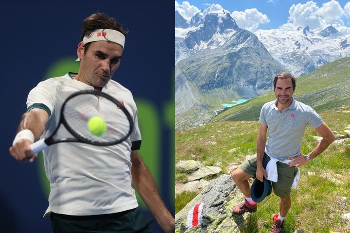 グラウビュンデン州、エンガディン地方のスイスアルプスでハイキングしているフェデラー。右／(C)Roger Federer、左／(C)Getty Images