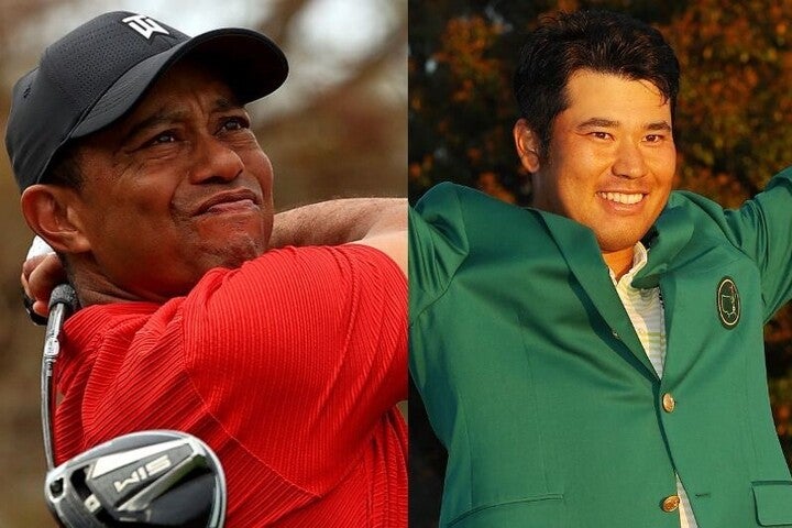 栄光の勝者となった松山（右）に、ゴルフ界の生ける伝説であるウッズ（左）も賛辞を贈った。(C) Getty Images