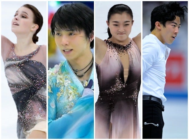 男子、女子シングルの１位、２位を占めた選手たち。左からシェルバコワ、羽生、坂本、チェン。 (C)Getty Imagse