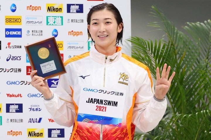 先の日本選手権で４冠を達成した池江。現時点で東京五輪にはリレー２種目の代表が内定している。写真：YUTAKA/アフロスポーツ
