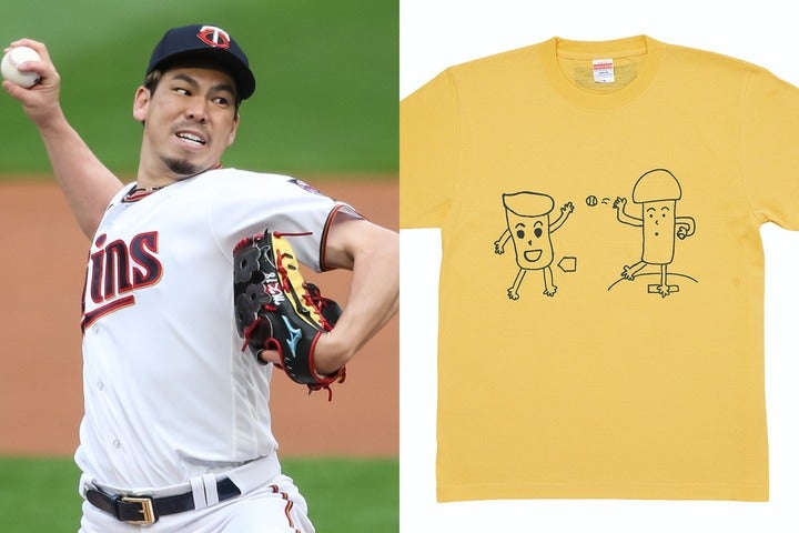 ホクトのＴシャツ（右）にはマエケン画伯（左）渾身のイラストが！写真：Getty Images（前田）、ホクト提供（Ｔシャツ）