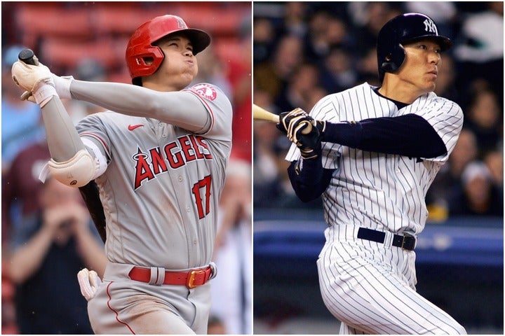 日本人で年間30本塁打を記録したのは04年の松井(写真右)のみ。現在のペースなら、大谷(左)は７月中にも大台に届きそうだ。(写真)GETTY IMAGES