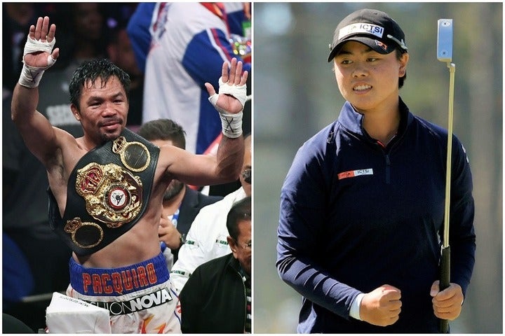 フィリピンの国民的英雄、パッキャオ（左）も新女王・笹生（右）の偉業達成を称えた。(C)Getty Images