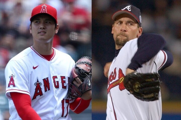ジャイアンツ打線を相手に力投した大谷（左）を名投手スモルツ（右）も称えた。(C)Getty Images