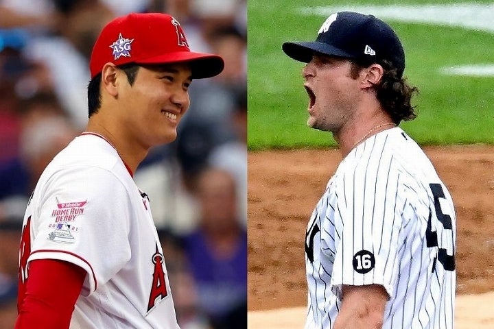 球界屈指のスピードボールを有するコール（右）。同じ投手として大谷（左）に感じるものがあるようだ。(C)Getty Images