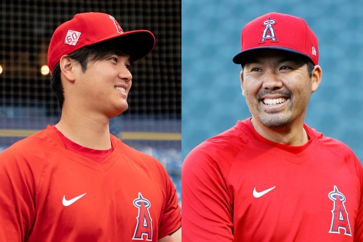大谷（左）を支えるベテラン捕手のスズキ（右）も、投打で活躍するその才能に惚れ込んでいるようだ。(C)Getty Images