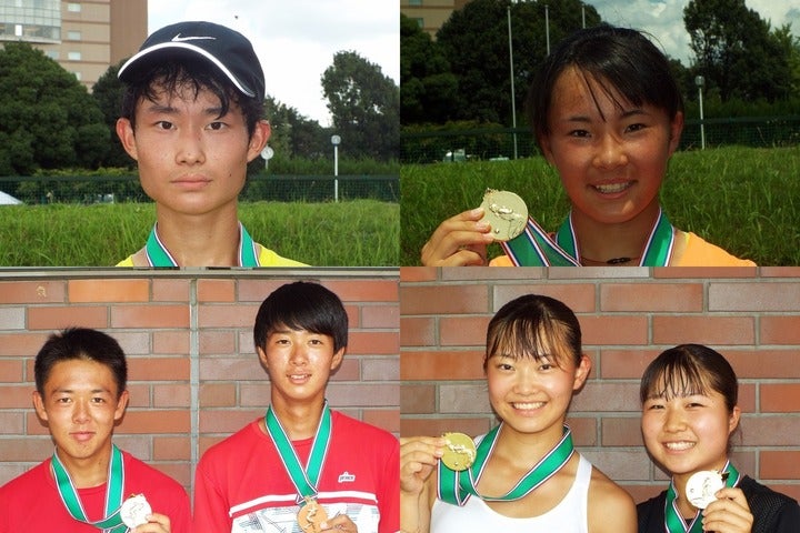 18歳以下のシングルス優勝者：大木悠靖、岩佐南美（上段左から）、ダブルス優勝者：松岡健／渡辺充組、石川翠珠／瓜生瑞歩組（下段左から）。写真：大会事務局