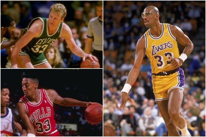 ジャバー（右）が価値を高め、その後バード（左上）やピッペン（左下）も着用したことで、33番はバスケ選手にとって憧れの背番号となった。(C)Getty Images