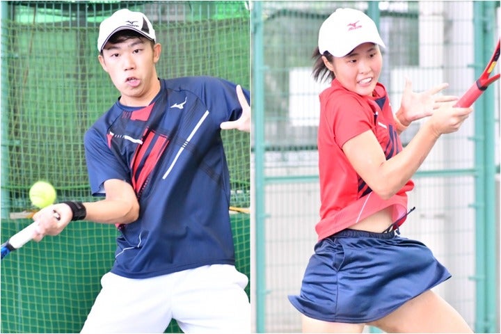 初のインカレタイトルを手にした男子の藤原智也（左）と女子の平田歩（右）。高校に続き大学でも頂点に立った。写真提供：全日本学生テニス連盟