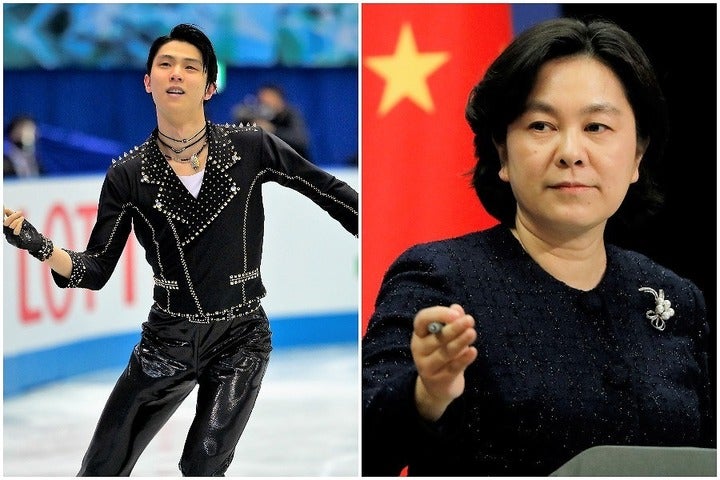 羽生（左）のファンに向けて異例の声明を発表した華春瑩報道官（右）。しかも日本語での投稿で周囲を驚かせた。(C)Getty Images, REUTERS/AFLO