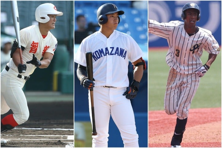 前川(左)は今夏の甲子園で２本塁打。鵜飼(中央)、ブライト(右)は中日の１位候補にも挙げられている。写真：滝川敏之、田中研治