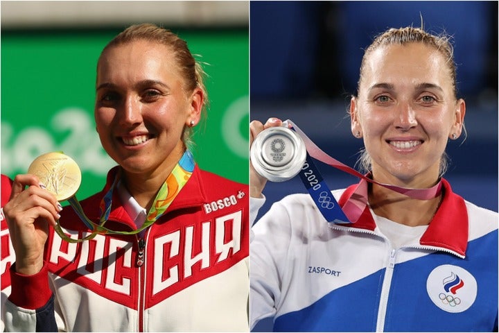 ベスニナが獲得したリオ五輪女子複の金メダル（左）と東京五輪混合複の銀メダル（右）。無事、手元に戻ってきた。(C)Getty Images