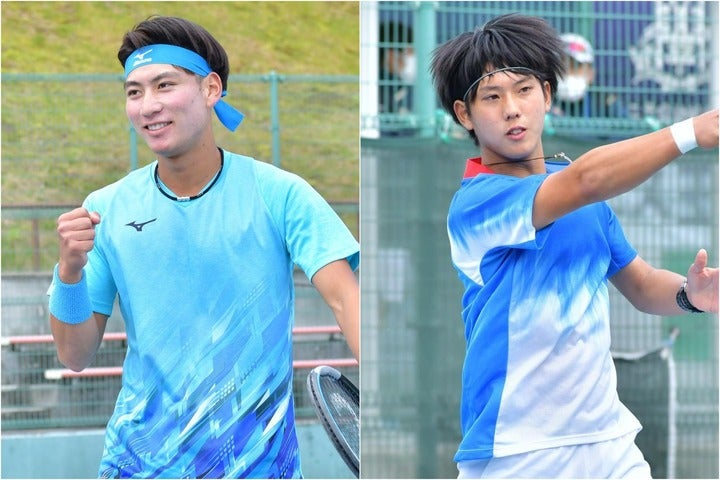 大学王座決定試合、男子ベスト４に進んだ近畿大学のＳ２田口涼太郎（左）と、関西大学のルーキー中基（右）。写真：全日本学生テニス連盟