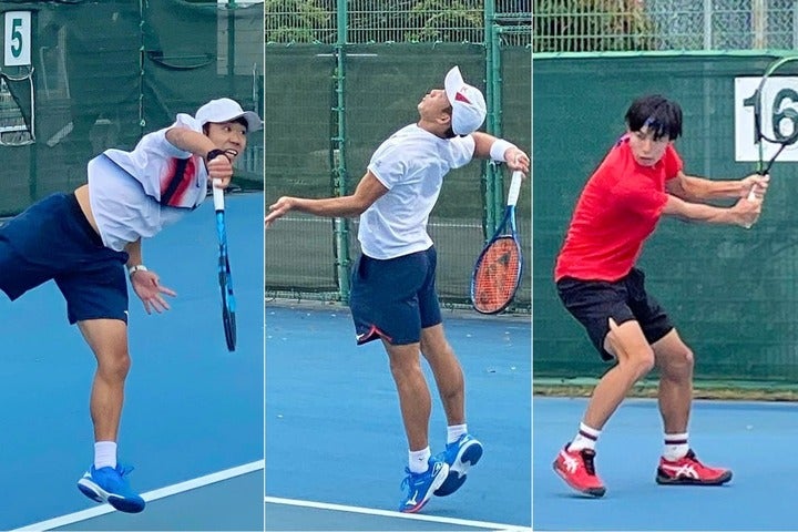 ダブルスで逆転勝ちを演じた慶大の藤原／羽澤（写真左２枚）、シングルスの流れを作った早大Ｓ４の渡部将伍（写真右）。写真：全日本学生テニス連盟