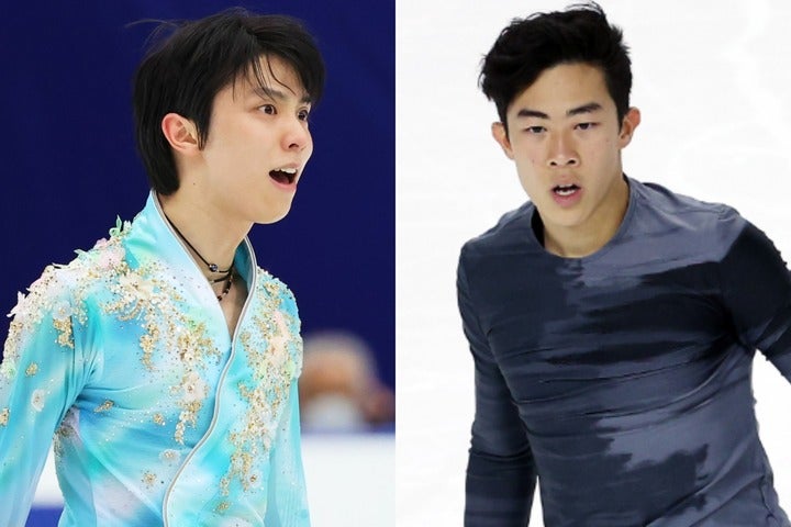 北京五輪でも激しい競り合いが期待される羽生（左）とチェン（右）。写真：森田直樹/アフロスポーツ、Getty Images