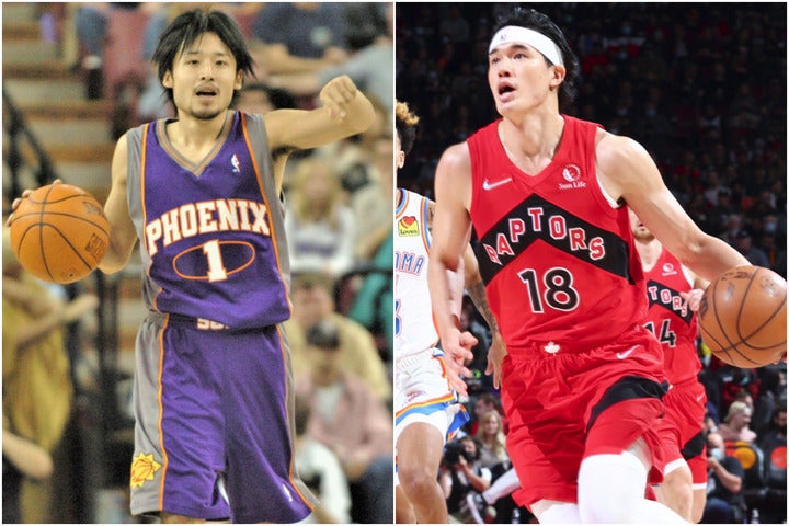 日本人初のＮＢＡ選手となった田臥からの後押しに、渡邊は勇気づけられたという。（C）DUNKSHOOT（左）,Getty Images（右）
