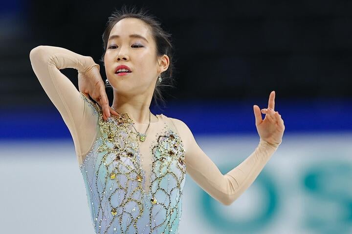 FS145.41点、総合218.03点を叩き出し、表彰台のトップに上がった三原。写真：塚本凜平（THE DIGEST写真部）