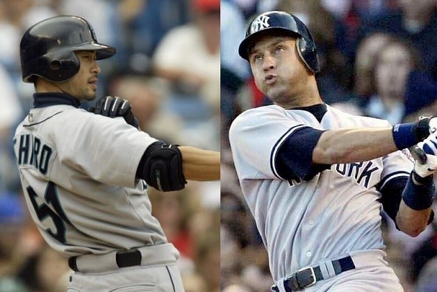 ともに2000代前半のMLBを象徴するタレントとなったイチロー（左）とジーター（右）。球界を代表する両雄に対する評価が物議を醸している。(C)Getty Images