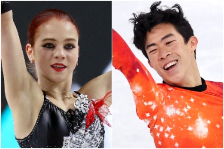 北京五輪で金メダルを獲得したチェン（右）との２ショットを公開したトゥルソワ（左）。(C)Getty Images