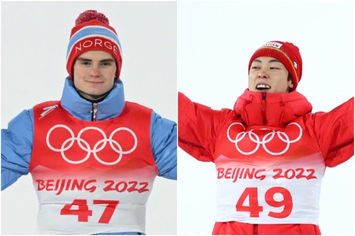 ラージヒルの金メダルはリンヴィク（左）、銀メダルは小林（右）が獲得した。(C)Getty Images
