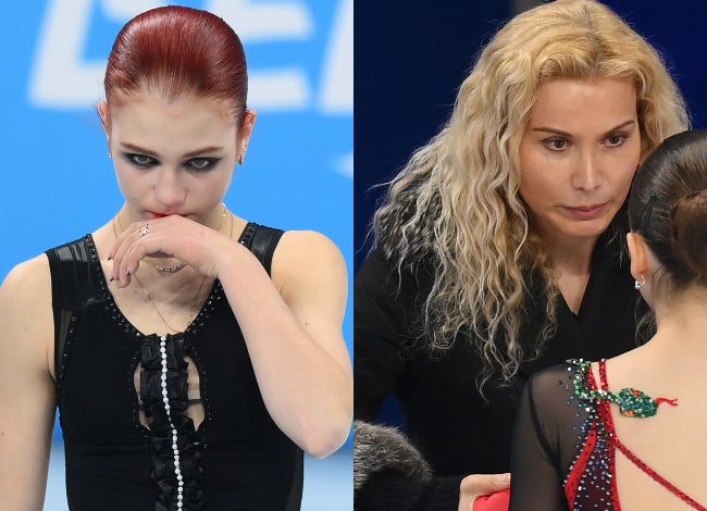 銀メダルのトゥルソワ（左）は、演技後にエテリコーチ（右）とのハグも拒否。小さくない物議を醸している。（C)Getty Images