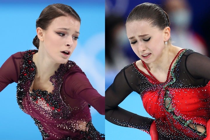 金メダル獲得のシェルバコワ（左）は、ドーピング騒動の渦中にいるワリエワ（右）に何を想うのだろうか。(C)Getty Images